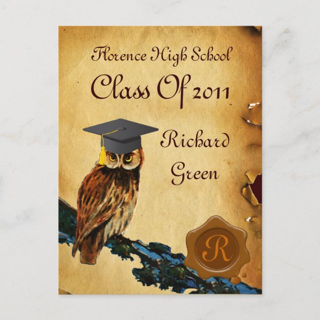 GRADUATION OWL PARCHMENT BROWN WAX SEAL MONOGRAM INVITATION POSTCARD (Front)