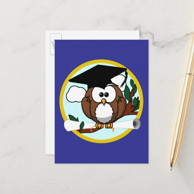 Graduation Owl School Colours Blue Announcement Postcard (Front/Back In Situ)