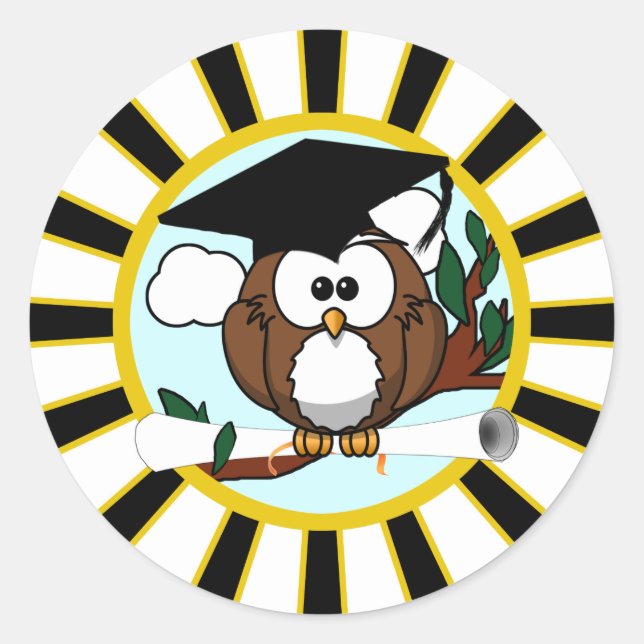 Graduation Owl w/ Black and Gold Classic Round Sticker (Front)