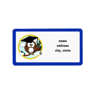 Graduation Owl With Cap & Diploma - Blue and Gold Label