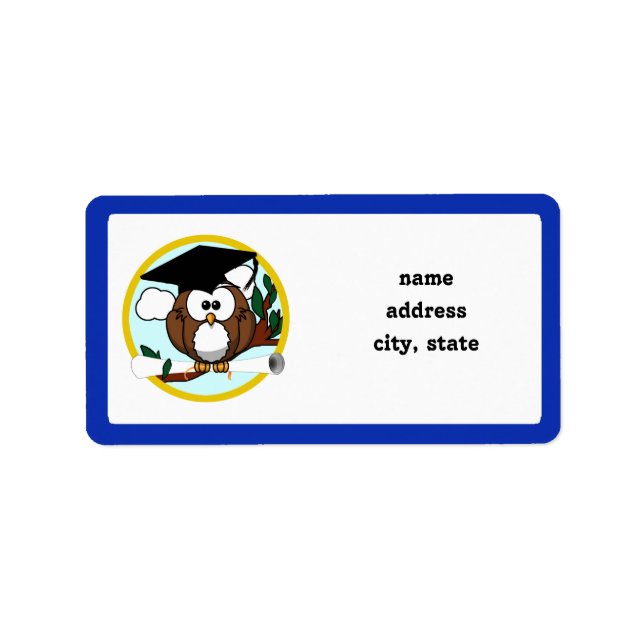 Graduation Owl With Cap & Diploma - Blue and Gold Label (Front)