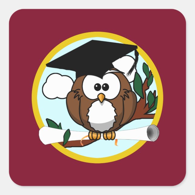 Graduation Owl With Cap & Diploma - Red and Gold Square Sticker (Front)