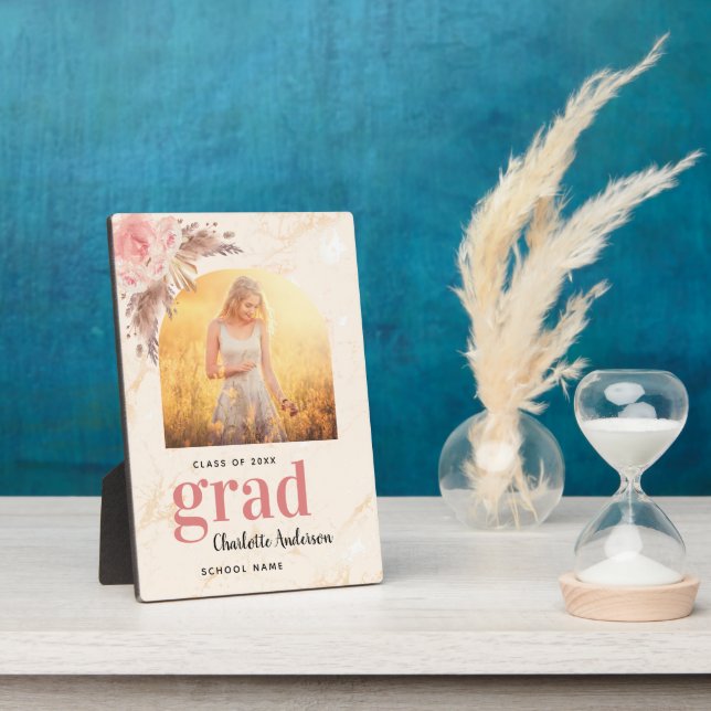 Graduation pampas grass photo blush marble plaque (Side)