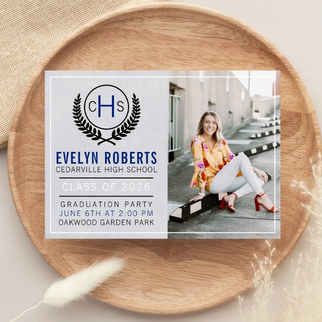 Graduation Party 2020 Monogram Blue Invitation (Creator Uploaded)