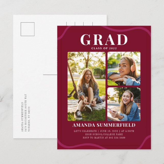 Graduation Party 2025 Grad Photos Burgundy Invitation Postcard (Front/Back)