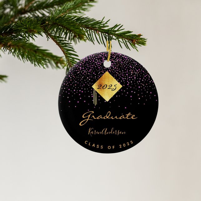 Graduation party 2025 graduate black purple gold ceramic ornament (Creator Uploaded)