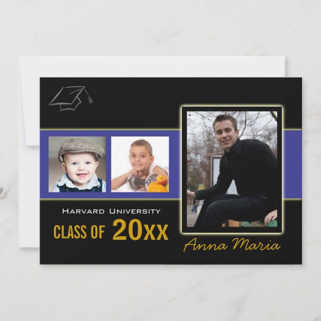 Graduation Party 3 Photos bleu Invitation (Devant)