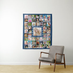 Graduation Party 55 Photo Blue Collage Backdrop Tapestry