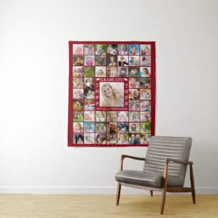 Graduation Party 55 Photo Red Collage Backdrop Tapestry