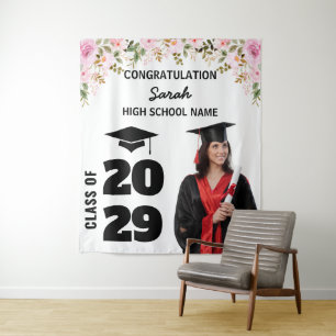 Graduation Party Backdrop Custom Photo & Floral Tapestry