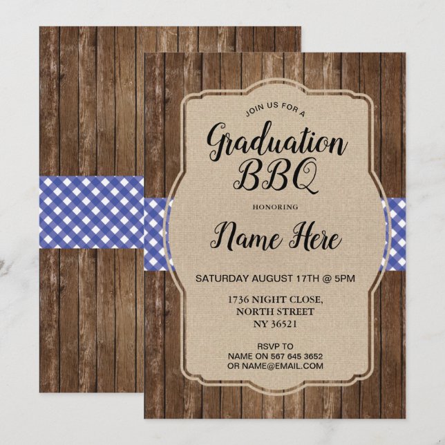 Graduation Party BBQ Invite Blue Gingham Burlap (Front/Back)