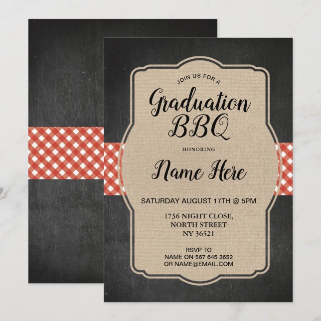 Graduation Party BBQ Invite Red Gingham Burlap (Front/Back)