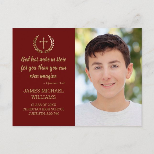 Graduation Party Bible Verse Photo Maroon Gold Postcard (Front)