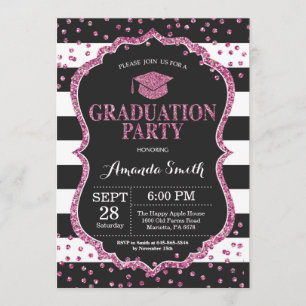 Graduation Party Black and Pink Glitter Invitation