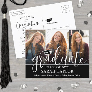Graduation Party Black and White Script 3 Photo Invitation Postcard