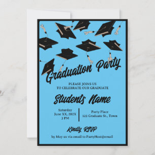 Graduation Party Black Caps in the Air Light Blue Invitation