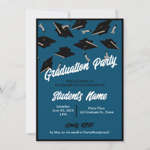 Graduation Party Black Caps in the Air Navy Blue Invitation