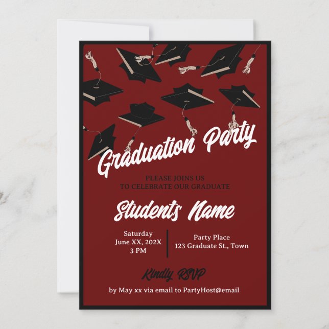 Graduation Party Black Caps in the Air on Maroon Invitation (Front)
