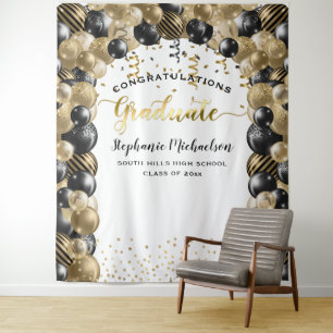 Graduation Party Black Gold Balloons Streamers Tapestry