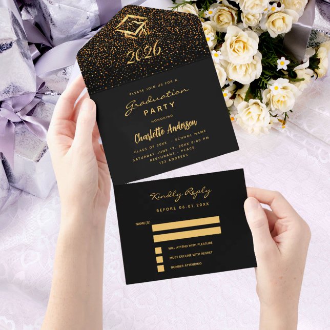 Graduation party black gold confetti RSVP All In One Invitation (Creator Uploaded)