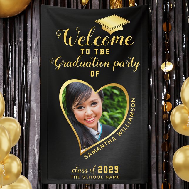 Graduation Party Black Gold Custom Photo Welcome Banner (Creator Uploaded)