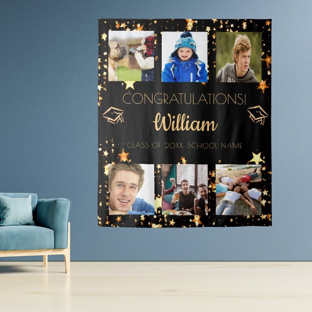 Graduation party black gold graduate photo collage tapestry (Creator Uploaded)