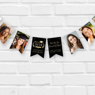 Graduation Party Black Gold Photo Bunting Flags