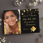 Graduation party black gold stars photo 2025 save the date<br><div class="desc">A photo Save the date card for a graduation party 20XX. On front: Add your own vertical size photo of the graduate. A chic black background colour, decorated with faux gold stars. Personalize and add a name and date. Golden letters. The name and the text: Save the Date are written...</div>