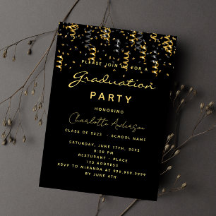 Graduation party black gold streamers invitation