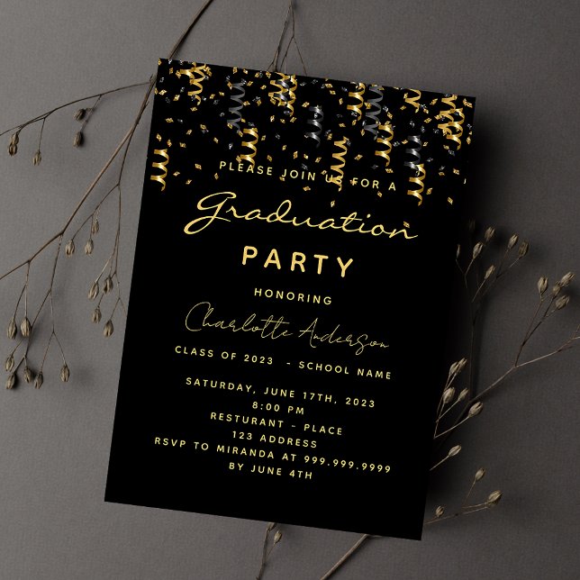 Graduation party black gold streamers invitation (Creator Uploaded)