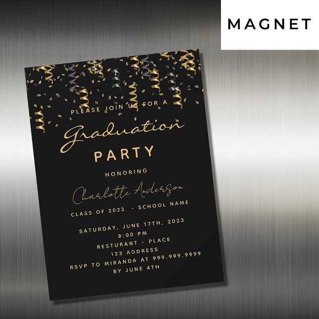 Graduation party black gold streamers luxury magnetic invitation (Creator Uploaded)