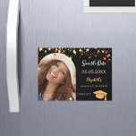 Graduation party black photo Save the Date card<br><div class="desc">A photo Save the date magnetic card for a graduation party 20XX. On front: Add your own vertical size photo of the graduate. An arch shaped frame. A chic black background colour, decorated with faux gold stars. Personalize and add a name and date. The name and the text: Save the...</div>