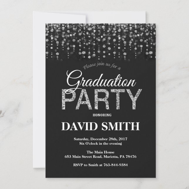 Graduation Party Black Silver Glitter Invitation (Front)