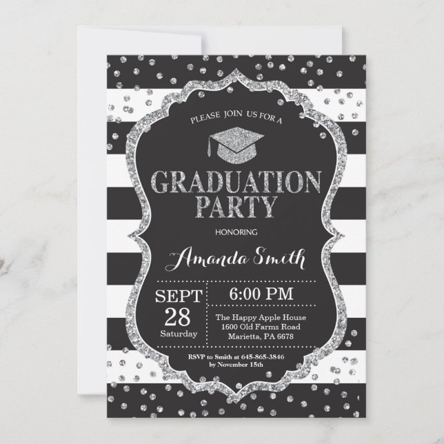 Graduation Party Black Silver Glitter Invitation (Front)
