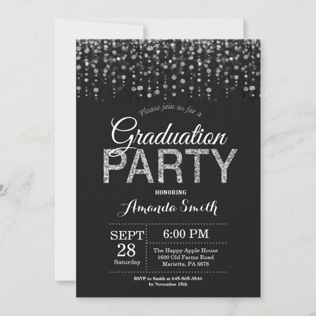 Graduation Party Black Silver Glitter Invitation (Front)