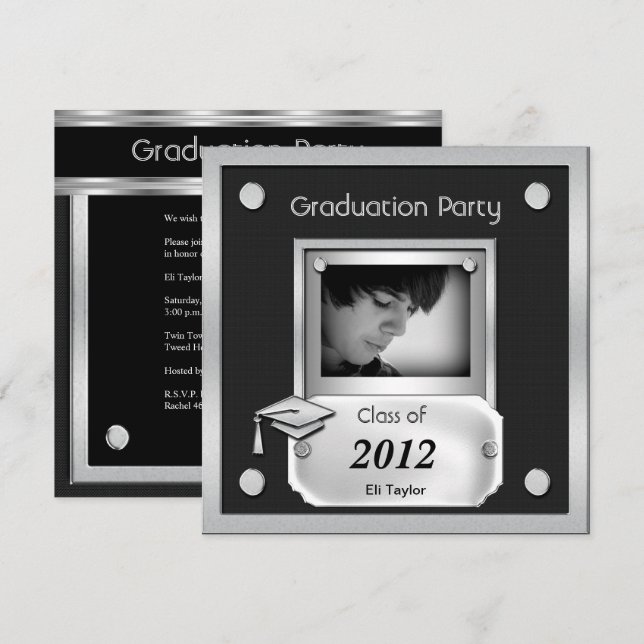 Graduation Party Black Silver Metal Look Invitation (Front/Back)