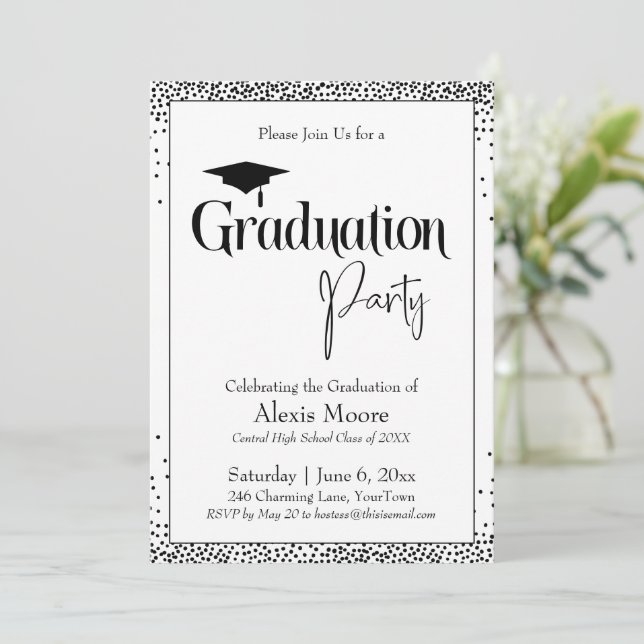 Graduation Party Black & White Confetti Invitation (Standing Front)