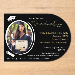 Graduation Party Black, White & Gold, Grad Photo  Acrylic Invitations