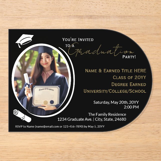 Graduation Party Black, White & Gold, Grad Photo  Acrylic Invitations (Front)