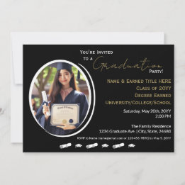 Graduation Party Black, White, Gold & Grad Photo  Announcement