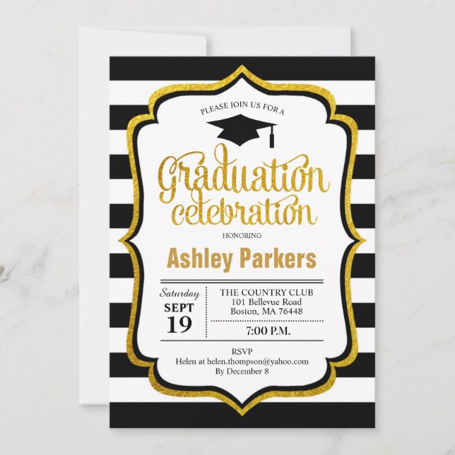 Graduation Party - Black White Gold Invitation (Front)