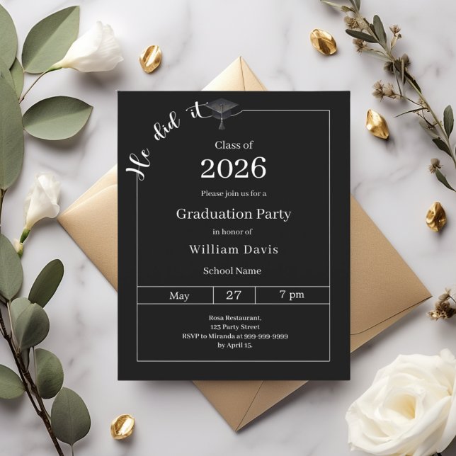 Graduation party black white He did it invitation (Creator Uploaded)