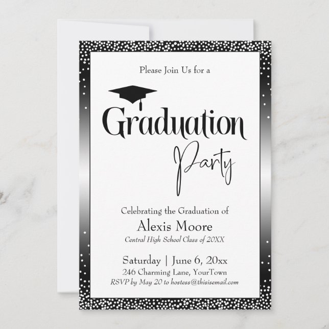 Graduation Party Black & White Ombre Confetti Invitation (Front)