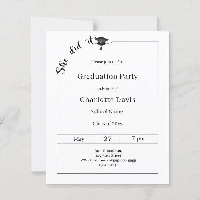 Graduation party black white She did it invitation (Front)