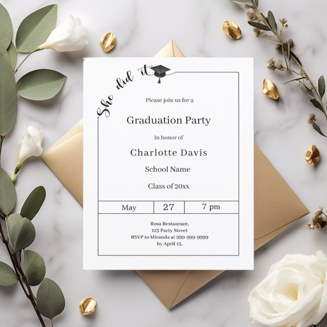 Graduation party black white She did it invitation (Creator Uploaded)