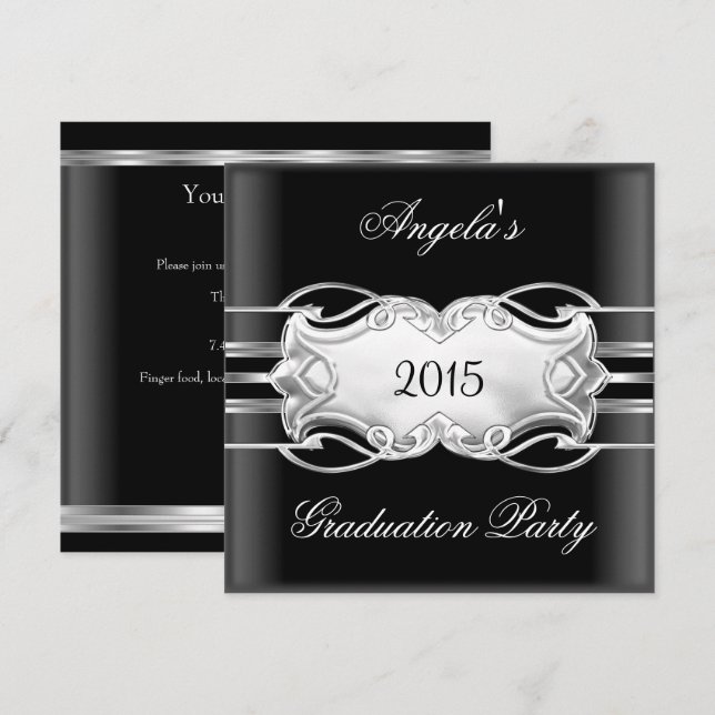 Graduation Party Black White Silver Jewel Elegant Invitation (Front/Back)