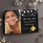 Graduation party black white stars photo 2025 save the date<br><div class="desc">A photo Save the date card for a graduation party 2025. On front: Add your own vertical size photo of the graduate. A classic black background colour, decorated with white stars. Personalize and add a name and date. White letters. The name and the text: Save the Date are written with...</div>