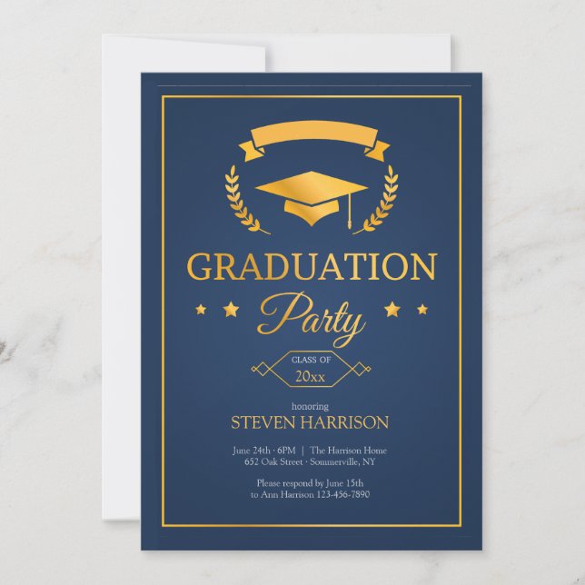 Graduation Party Blue and Gold Invitation (Front)