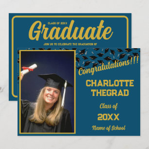 Graduation Party Blue and Gold Personalized Photo Invitation