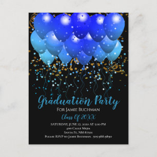 Graduation Party Blue Balloons Gold Confetti Black Invitation Postcard